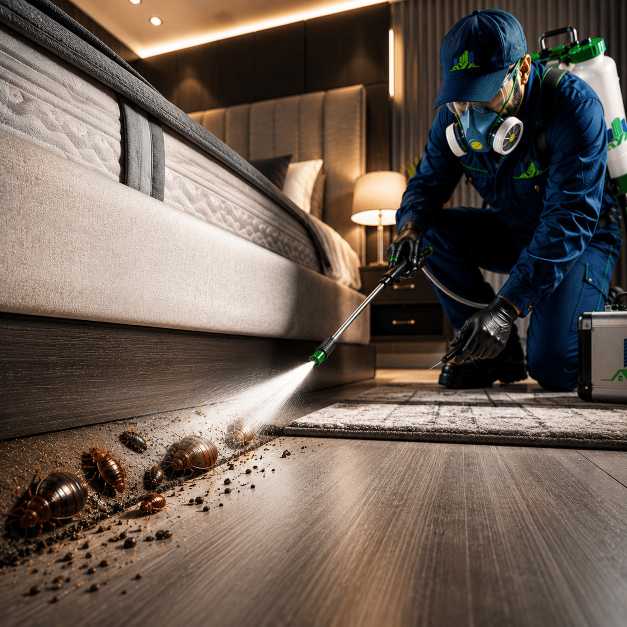 فني مكافحة بق الفراش في قطر يقوم بمعالجة حشرات بق الفراش حول السرير والمرتبة باستخدام معدات متخصصة.